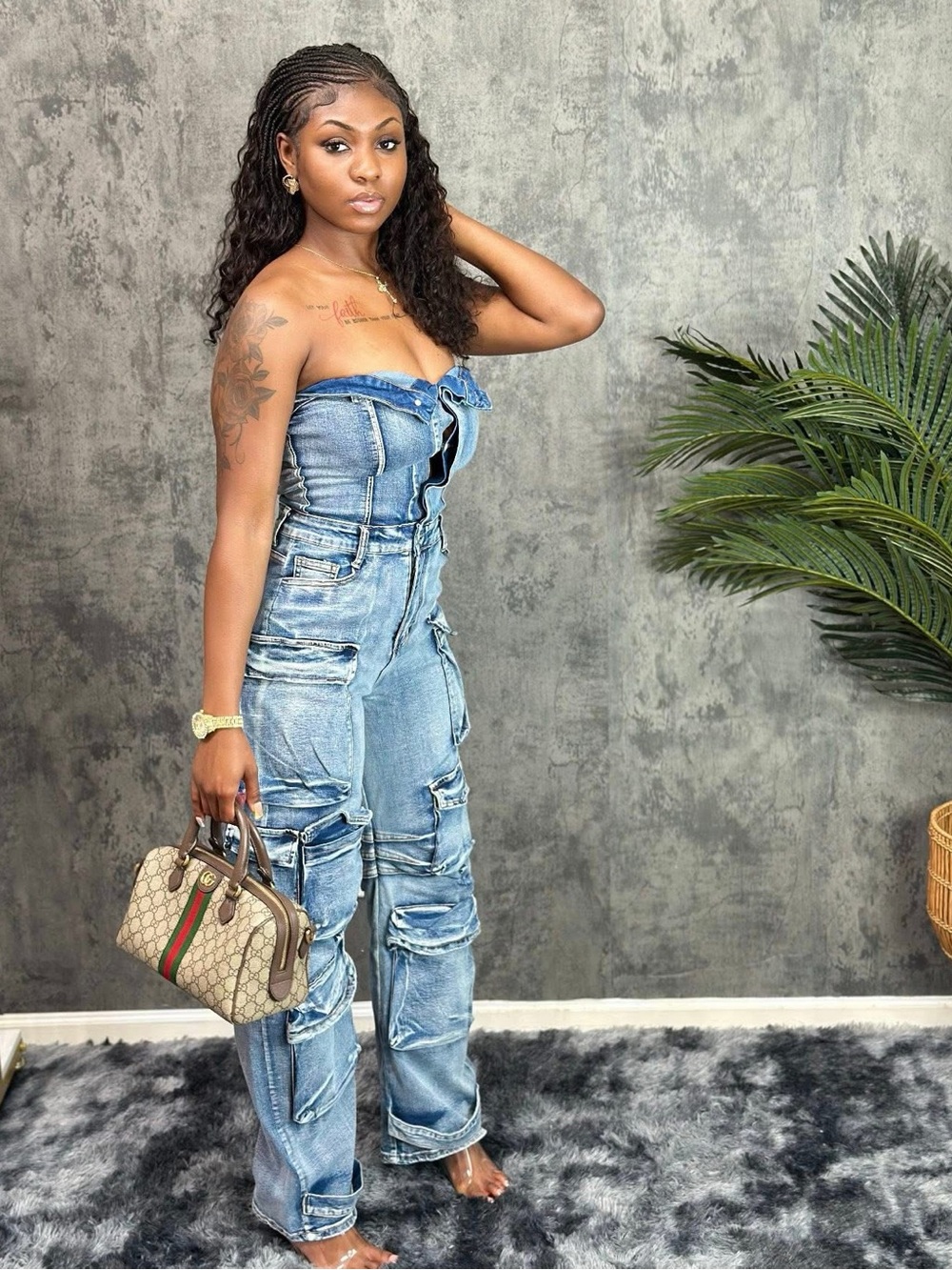 Women’s Denim Strapless Cargo Jumpsuit - Size Small